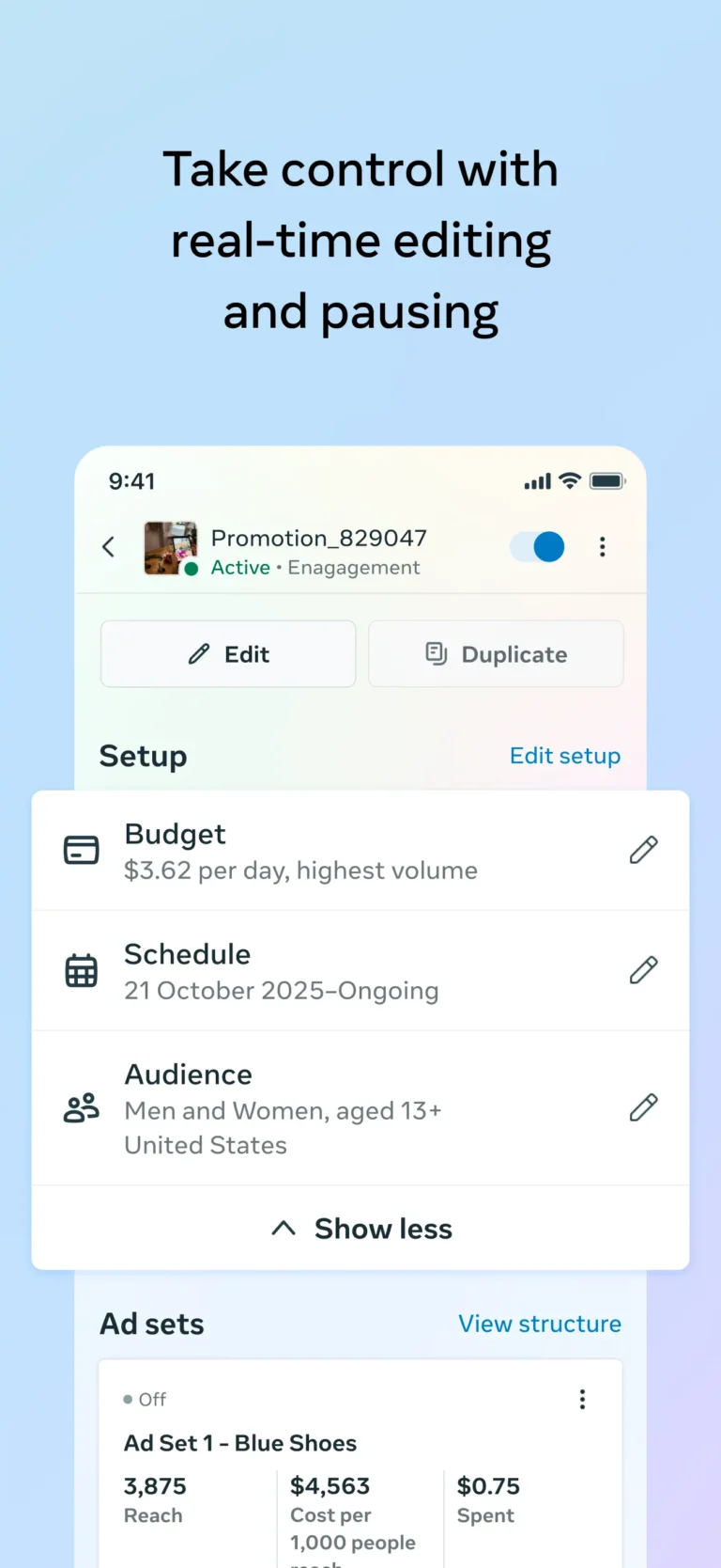 Réglages d’une campagne dans l’application Meta Ads Manager : budget quotidien, calendrier, audience et ensembles de publicités