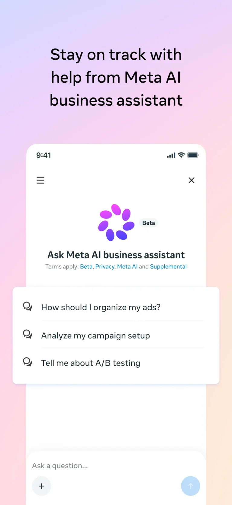Assistant Meta AI pour les entreprises dans l’application Meta Ads Manager, avec questions suggérées sur les campagnes