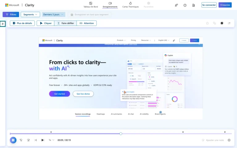 Lecteur d'enregistrement de session Clarity rejouant la visite d'une page avec la frise chronologique