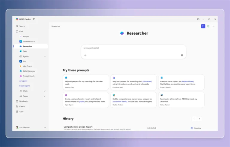 Agent Researcher de Microsoft Copilot avec exemples de requêtes et historique des rapports en cours