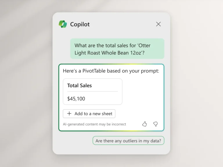 Volet Copilot dans Excel générant un tableau croisé dynamique des ventes à partir d'une question