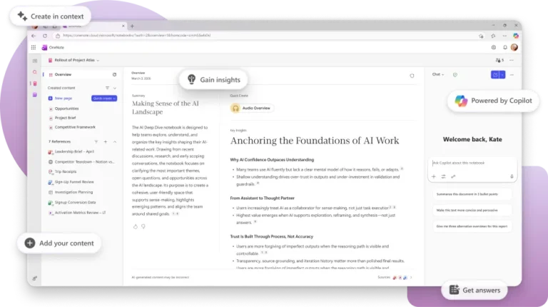 Carnet Copilot dans OneNote pour le web avec les contenus de référence à gauche, une synthèse au centre et le volet de conversation