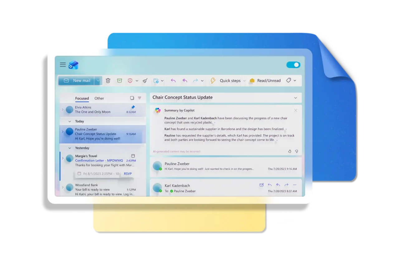 Boîte de réception d'Outlook pour Windows avec les onglets Prioritaire et Autres et un résumé Copilot au-dessus du fil sélectionné