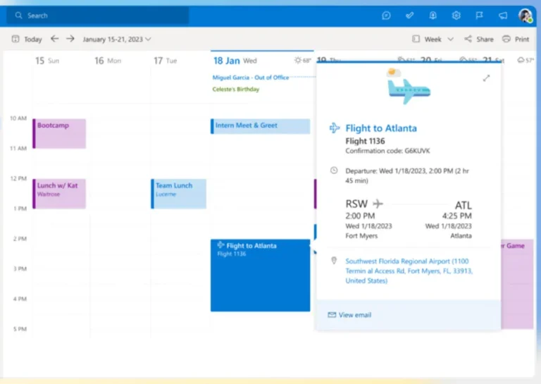 Calendrier Outlook en vue semaine avec plusieurs événements et la fiche détaillée d'un vol ajouté automatiquement