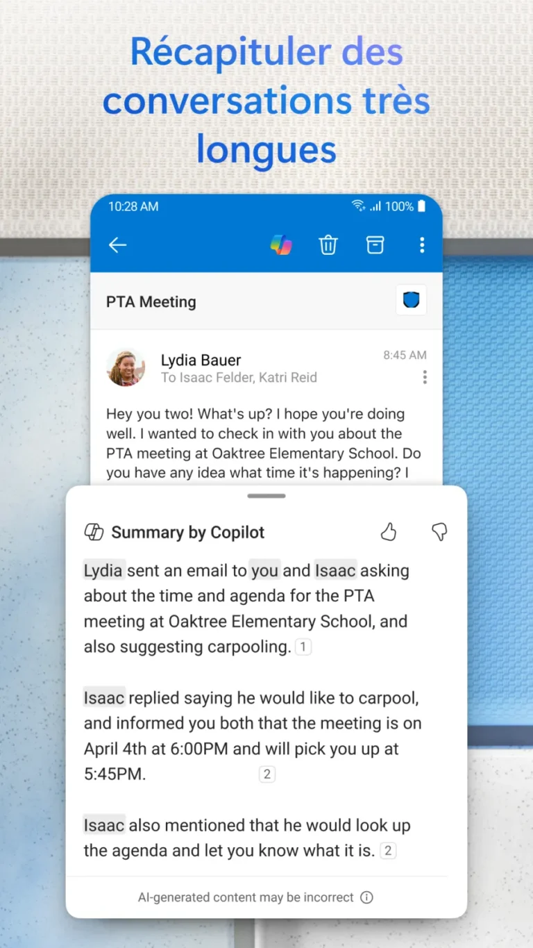 Application Outlook sur Android affichant un e-mail et le volet Résumé par Copilot de la conversation