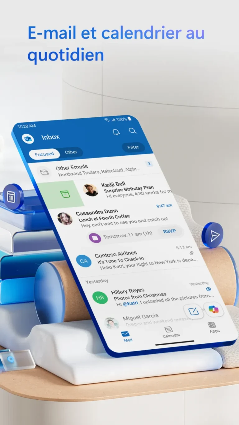Boîte de réception de l'application mobile Outlook avec les onglets Prioritaire et Autres et une invitation à confirmer