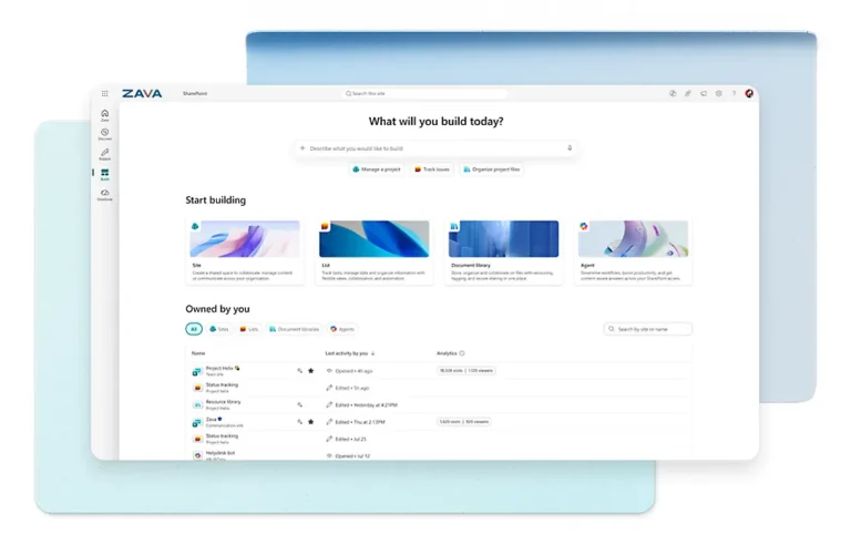 Écran de création SharePoint pour lancer un site, une liste, une bibliothèque de documents ou un agent