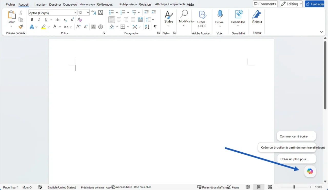 Ruban Accueil de Word pour Windows en français avec Dictée, Éditeur et le bouton Copilot en bas d'un document vierge