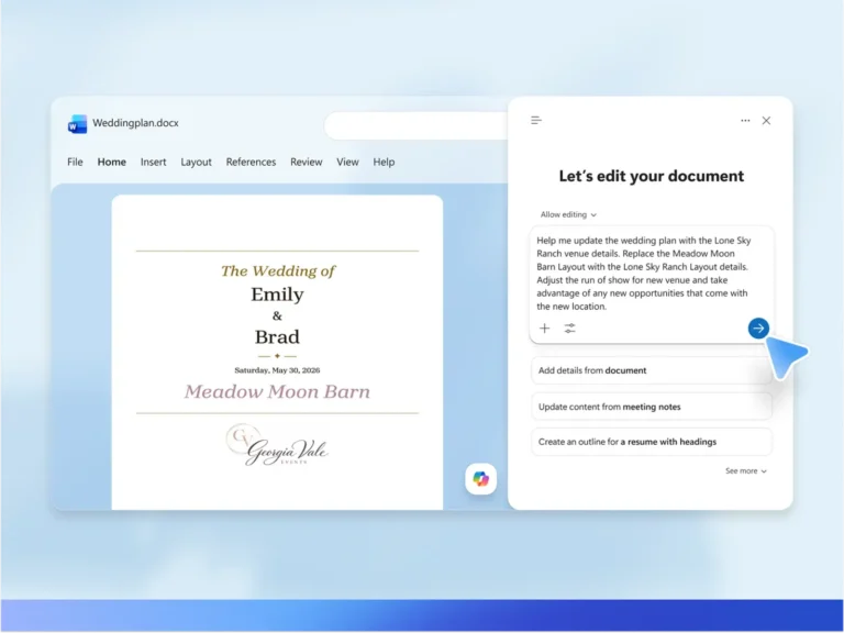 Volet Copilot ouvert à côté d'un document Word, avec une consigne de modification et des suggestions d'actions