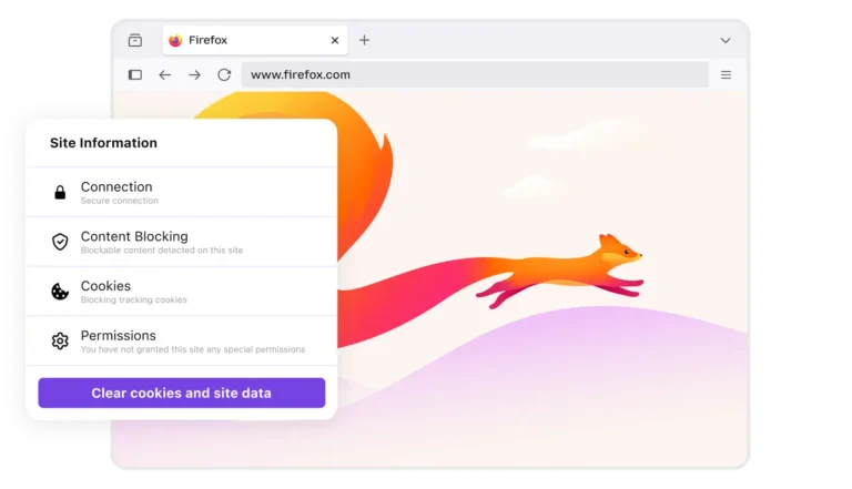 Panneau Informations sur le site de Firefox avec état de la connexion, blocage de contenu, cookies et permissions