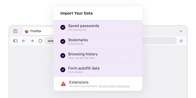 Assistant d'import de Firefox listant mots de passe, favoris, historique et données de formulaires à récupérer