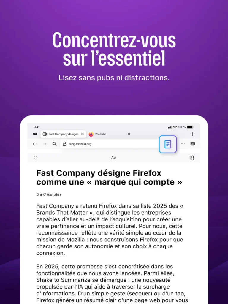 Firefox sur iPad en mode lecture avec onglets, barre d'adresse et article affiché sans publicité ni distraction