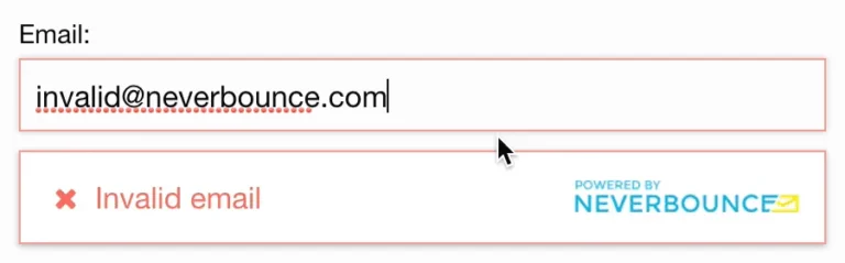 Widget JavaScript NeverBounce dans un formulaire : adresse refusée avec le message Invalid email