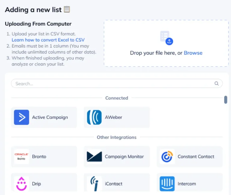 Ajout d'une liste dans NeverBounce : dépôt d'un fichier CSV ou import depuis ActiveCampaign, AWeber et d'autres outils