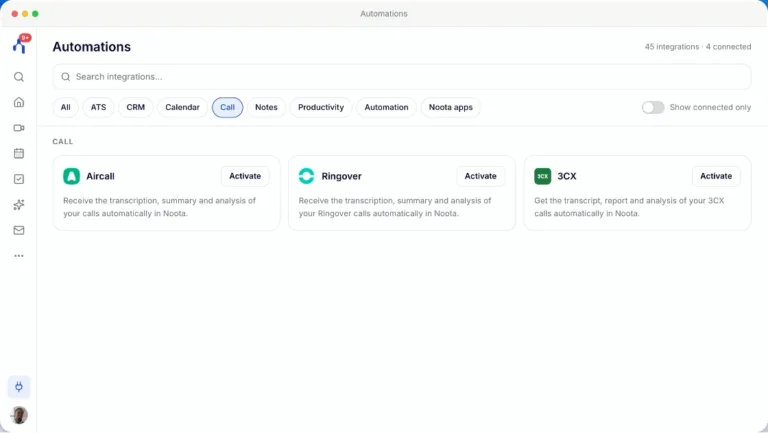 Catalogue des intégrations Noota filtré sur la téléphonie, avec les connecteurs Aircall, Ringover et 3CX à activer
