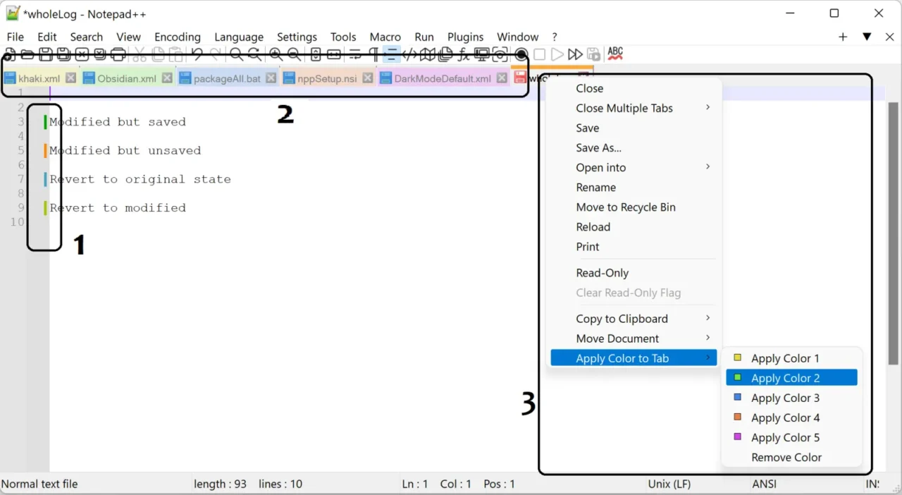 Notepad++ avec marqueurs d'historique des modifications dans la marge et menu contextuel d'onglet pour appliquer une couleur