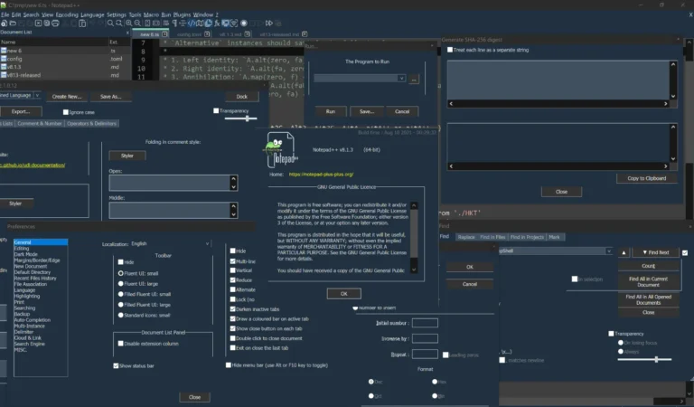 Boîtes de dialogue de Notepad++ en mode sombre : préférences, recherche, langage défini par l'utilisateur et à propos