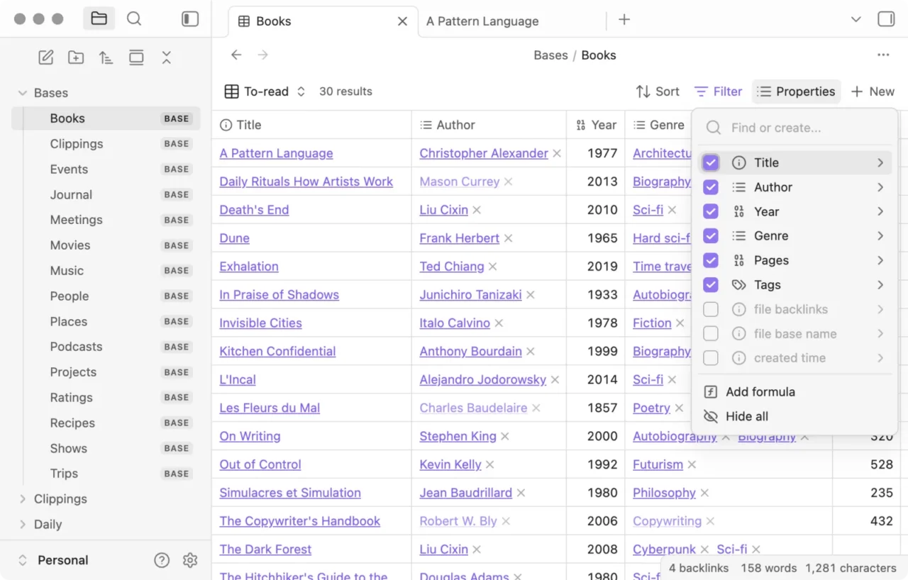 Vue tableau Bases dans Obsidian listant des livres avec titre, auteur, année et genre, et le menu des propriétés ouvert