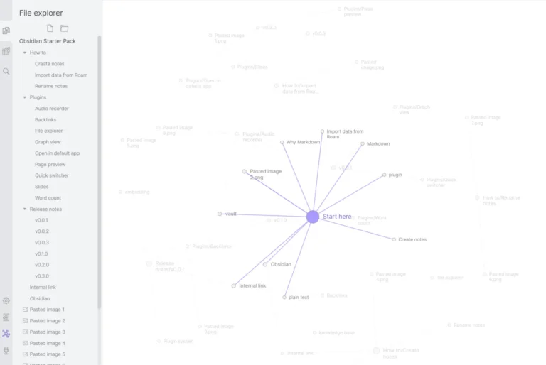 Vue graphique d'Obsidian montrant les liens entre notes autour d'un nœud central, avec l'explorateur de fichiers à gauche