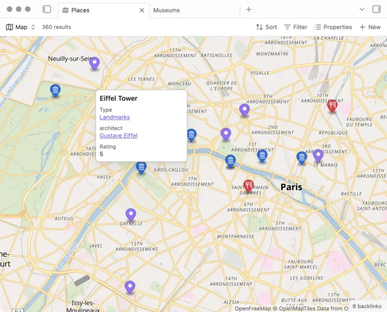 Vue carte de Bases dans Obsidian avec des épingles de lieux sur un plan de Paris et la fiche d'un monument