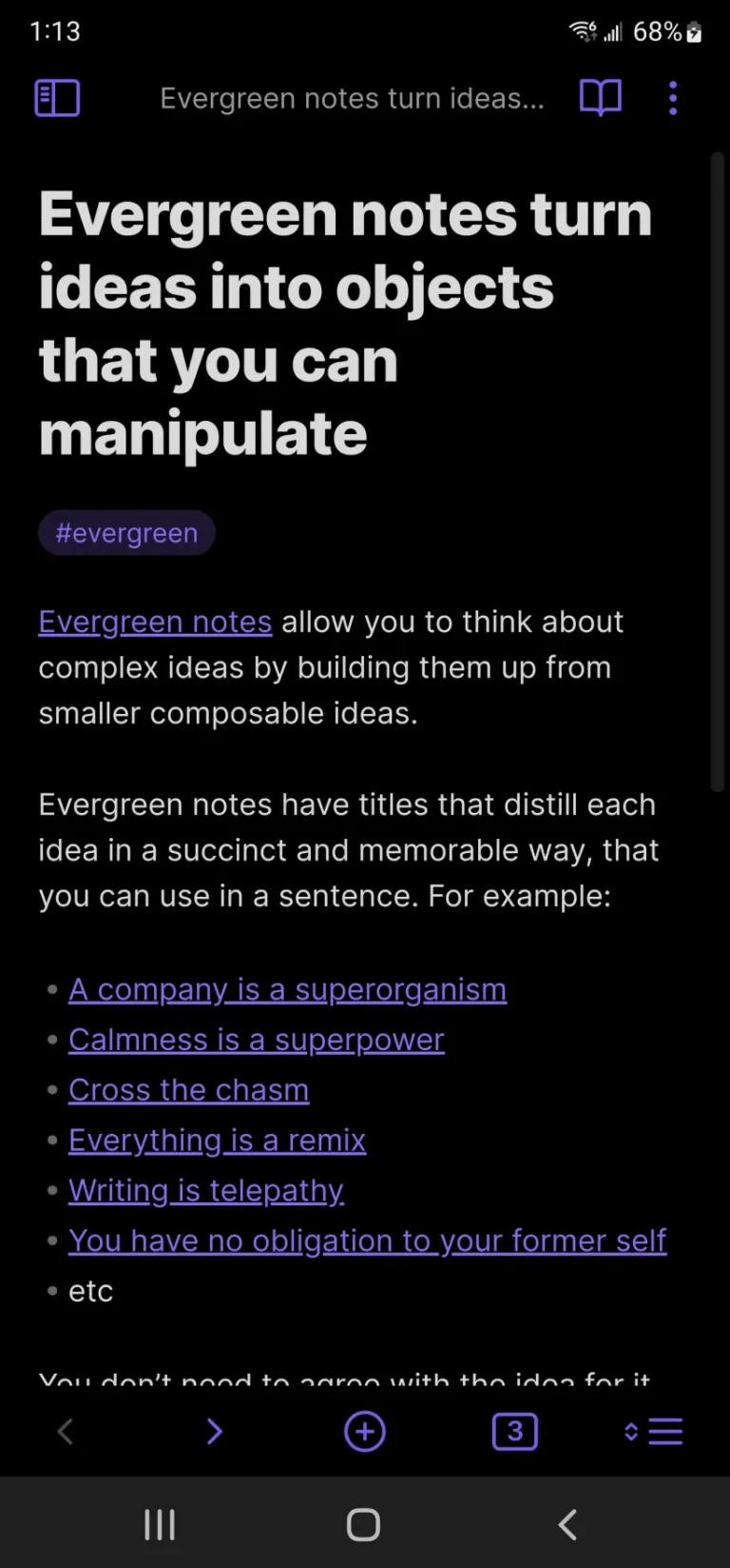 Application Obsidian sur Android en thème sombre, avec une note, un tag et une liste de liens internes