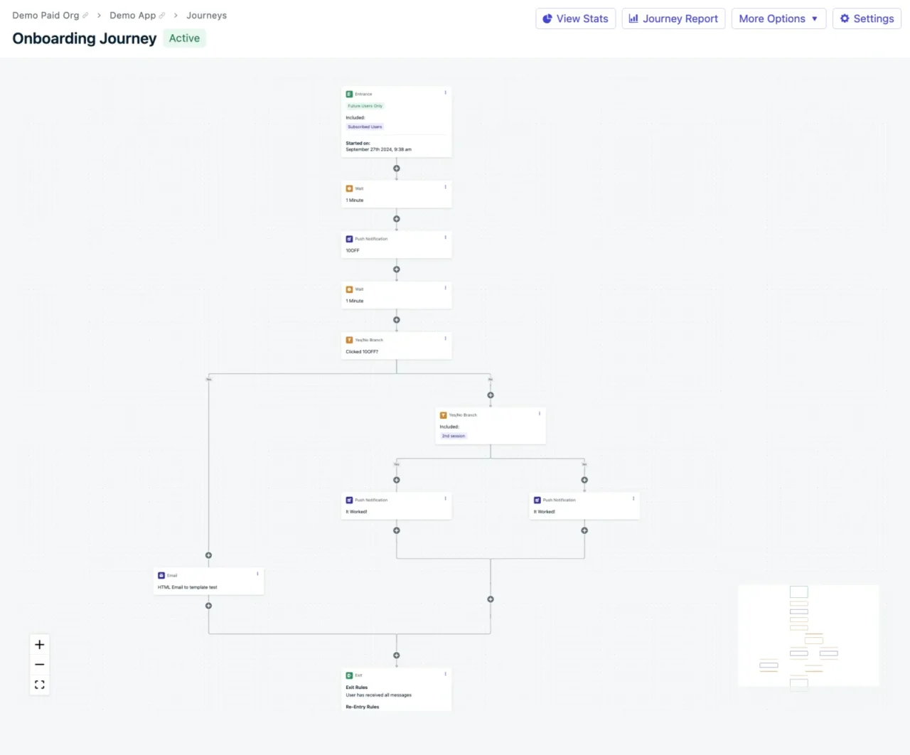 Constructeur de Journeys OneSignal avec un parcours d'onboarding : attentes, notifications push, branches oui/non et e-mail