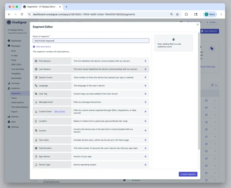 Éditeur de segment OneSignal listant les filtres session, langue, tag utilisateur, événement, pays et version d'app
