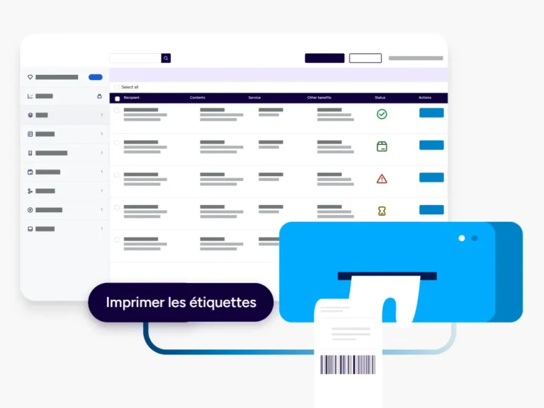 Liste des envois Packlink PRO avec destinataire, contenu, service, statut et action d'impression groupée des étiquettes
