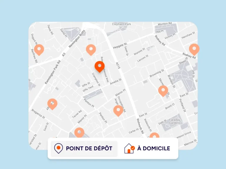 Carte des points de dépôt Packlink PRO avec choix entre livraison en point de dépôt ou à domicile