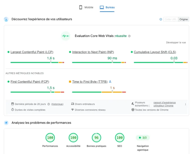 Onglet Bureau de PageSpeed Insights avec les Core Web Vitals sur ordinateur et les scores Lighthouse