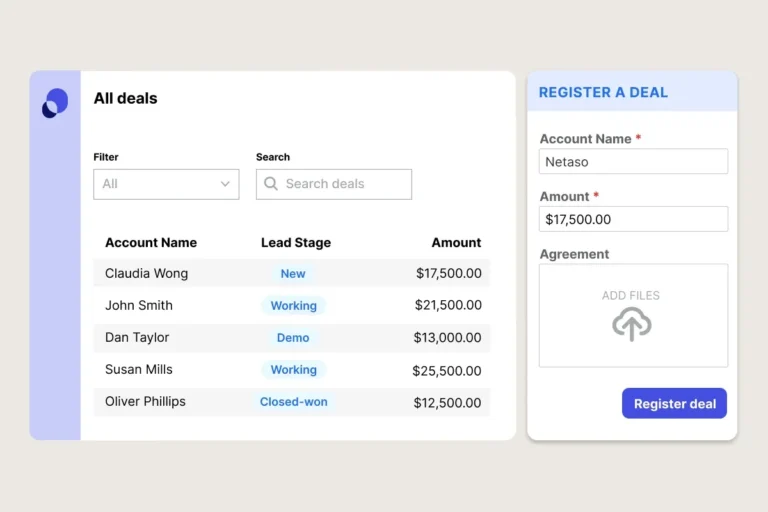 Liste des deals partenaires dans PartnerStack avec étape commerciale et montant, et formulaire d'enregistrement d'un deal