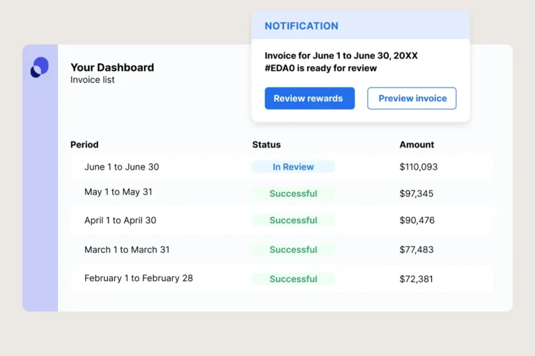 Liste des factures mensuelles de commissions dans PartnerStack avec statut et montant, et notification de facture à valider