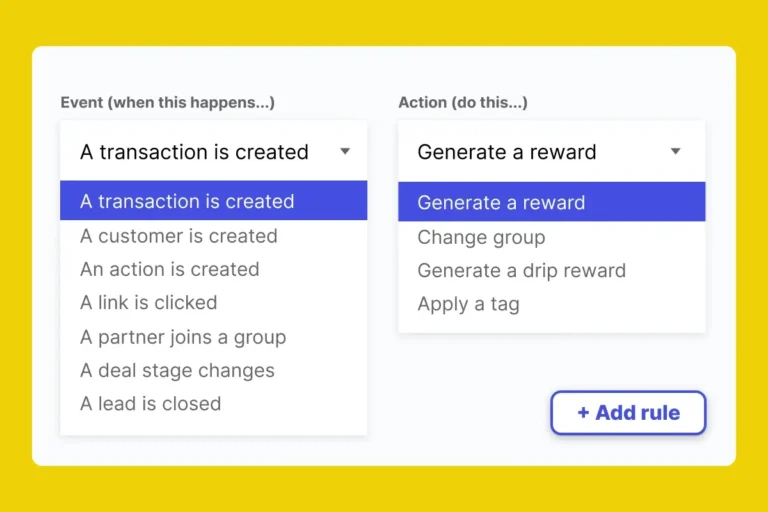 Éditeur de règles de PartnerStack : choix d'un événement déclencheur et d'une action comme générer une récompense