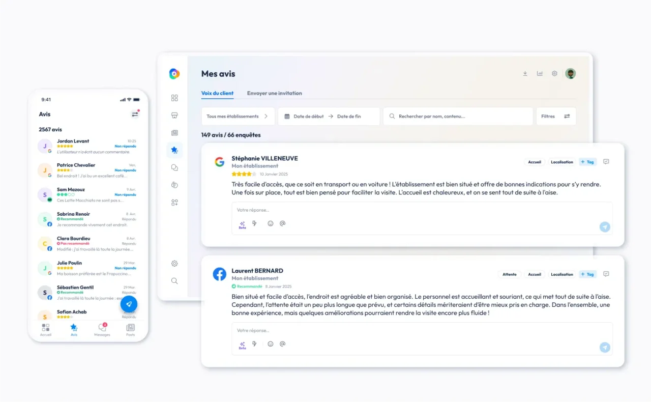 Écran Mes avis de Partoo sur ordinateur et mobile : avis Google et Facebook filtrés par établissement et par date