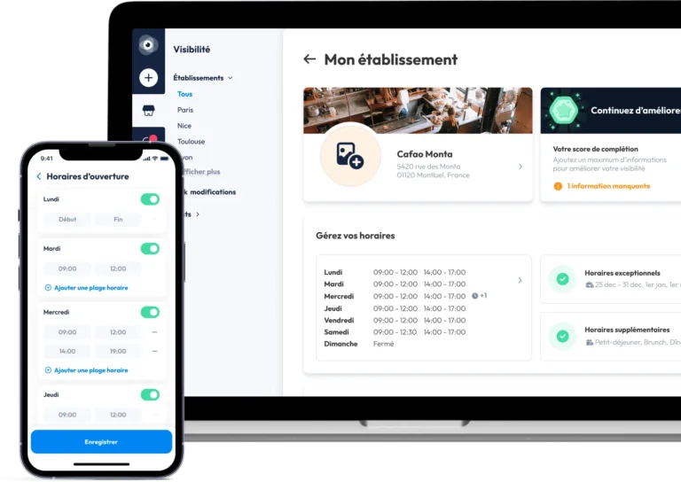 Fiche établissement dans Partoo avec horaires, horaires exceptionnels et score de complétion, sur ordinateur et mobile