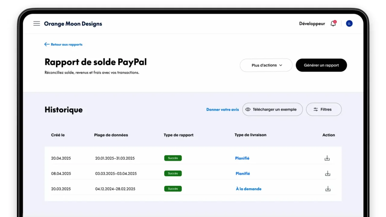 Écran Rapport de solde PayPal dans l'espace professionnel, avec l'historique des rapports générés et leur type de livraison