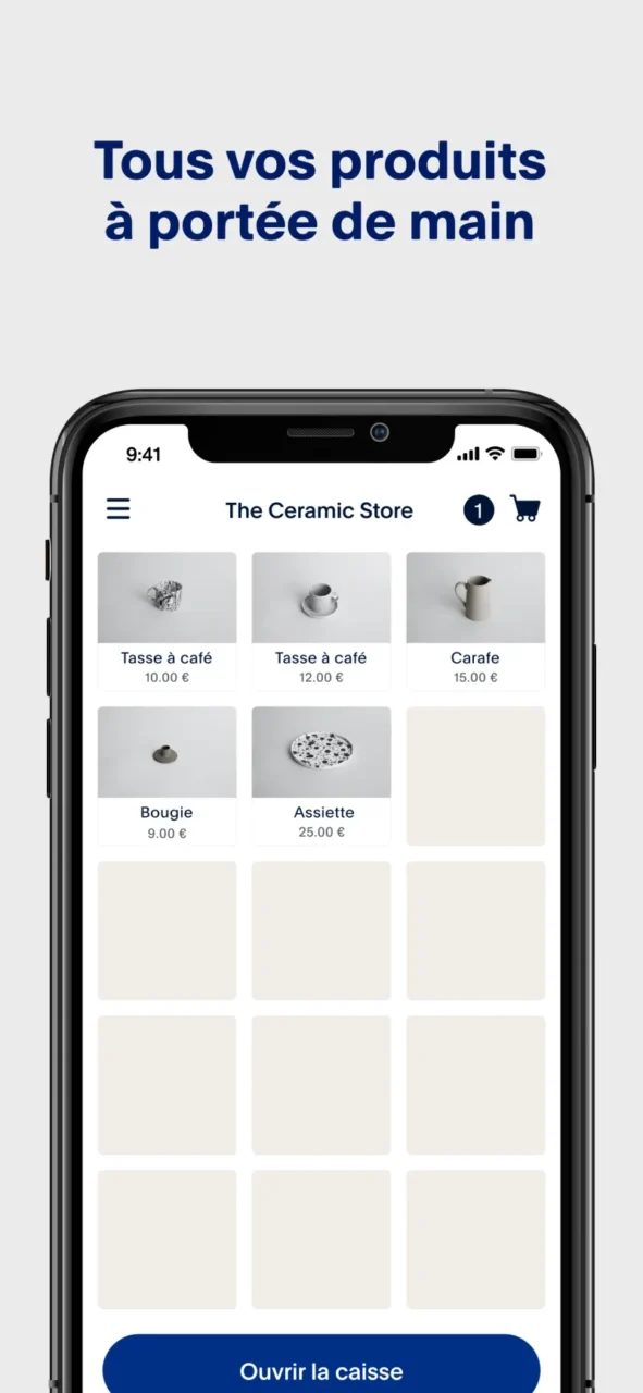 Écran de caisse de l'application PayPal POS sur iPhone : grille de produits avec photos, prix, panier et bouton Ouvrir la caisse