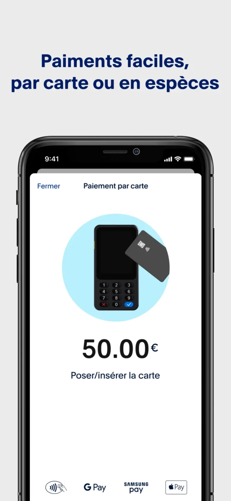Écran Paiement par carte de PayPal POS : montant de 50 € à régler, invitation à poser ou insérer la carte, logos sans contact