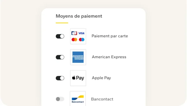 Réglage des moyens de paiement dans Payplug : carte bancaire, American Express, Apple Pay et Bancontact activables