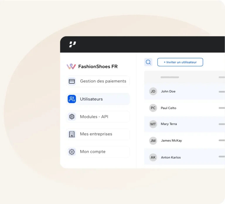 Gestion des utilisateurs dans le portail Payplug avec menus paiements, modules API, entreprises et compte