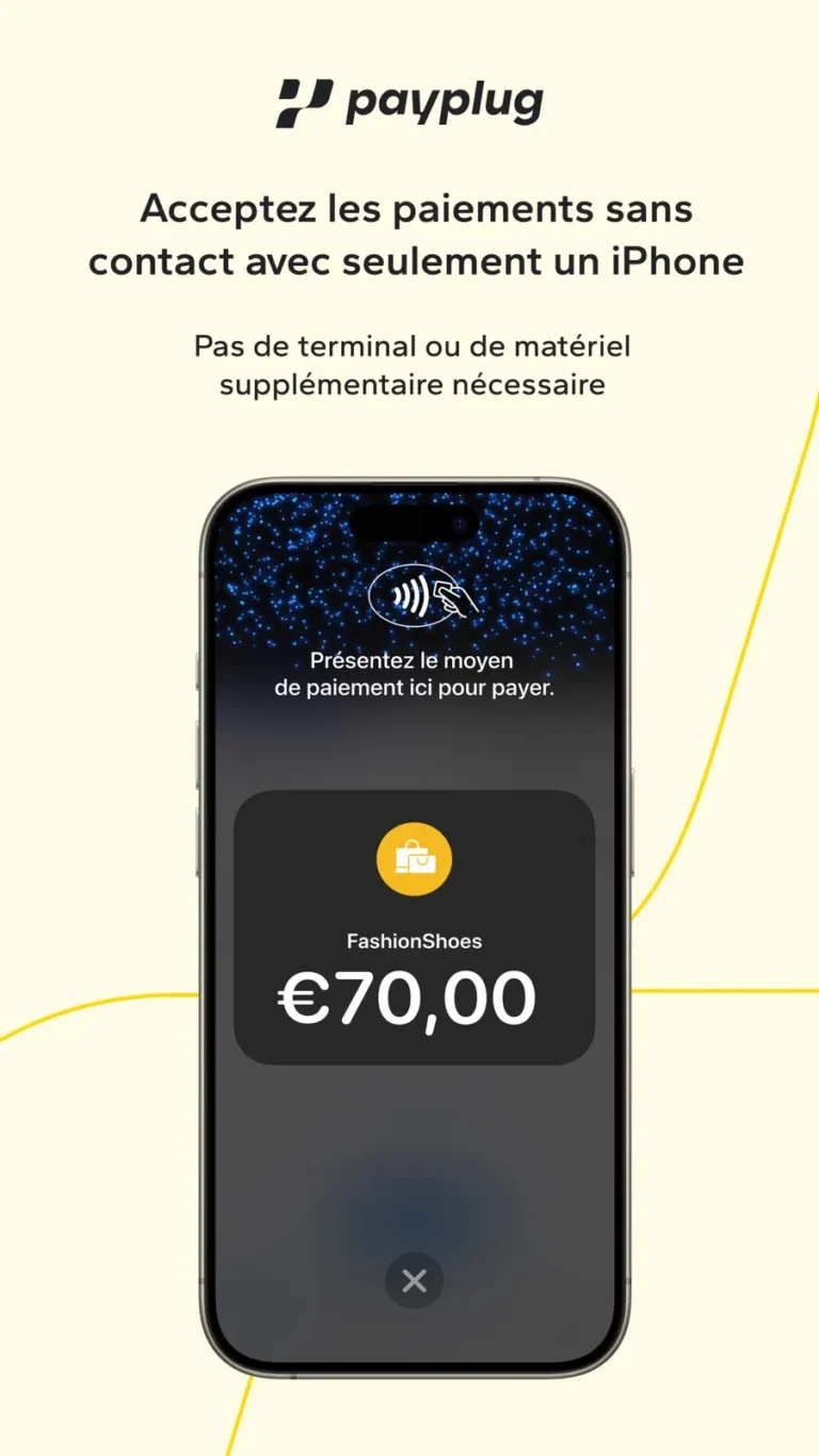 Application Tap to Pay avec Payplug sur iPhone : écran d'encaissement sans contact d'un montant de 70 euros