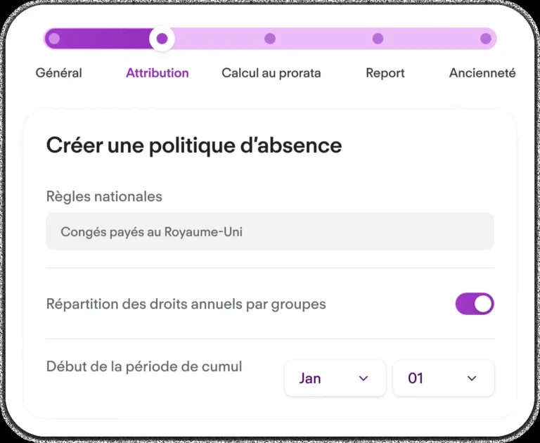 Création d'une politique d'absence dans Personio, étape Attribution avec règles nationales et répartition des droits par groupes