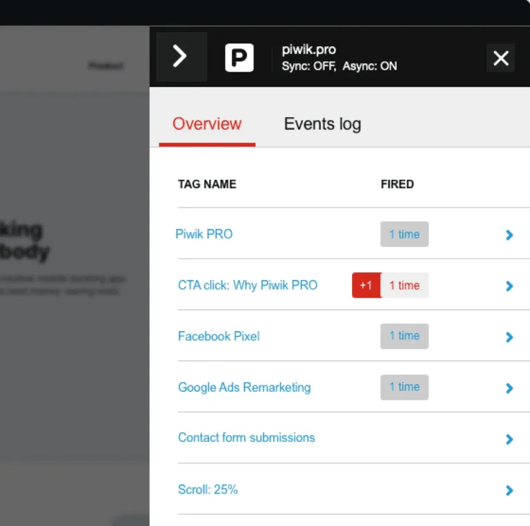 Fenêtre de débogage du Tag Manager de Piwik PRO listant les tags déclenchés sur une page