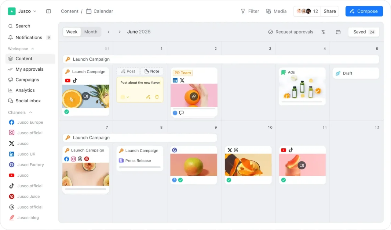 Calendrier hebdomadaire de Planable avec campagne de lancement, posts par réseau, note et menu des espaces de travail