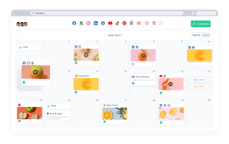 Vue mensuelle du calendrier Planable mêlant posts sociaux, newsletter, communiqué et article de blog