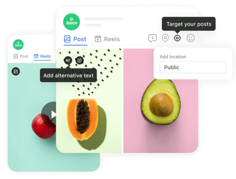 Éditeur de post Planable pour Instagram avec onglets Post et Reels, texte alternatif et ciblage