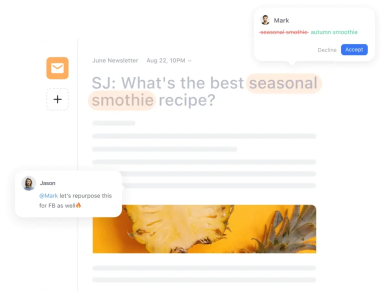 Éditeur de newsletter dans Planable avec suggestion de modification à accepter et commentaire d'un collègue