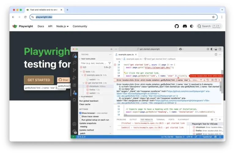 Extension VS Code affichant un test en échec sur Chromium, Firefox et WebKit avec le message d'erreur et le navigateur ouvert