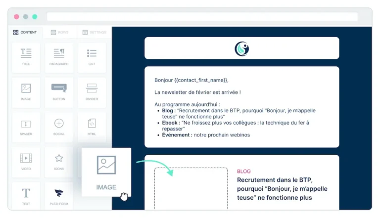 Éditeur d'e-mail Plezi par glisser-déposer, avec blocs de contenu et newsletter personnalisée au prénom du contact