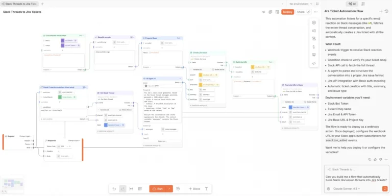 Canevas Postman Flows reliant des blocs de requêtes Slack et Jira à un agent IA, avec panneau de discussion à droite